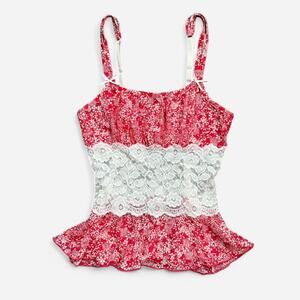 VTG Y2K Cabernet Hot Pink & Cream Sheer Floral Milkmaid Babydoll Form Fitted Top